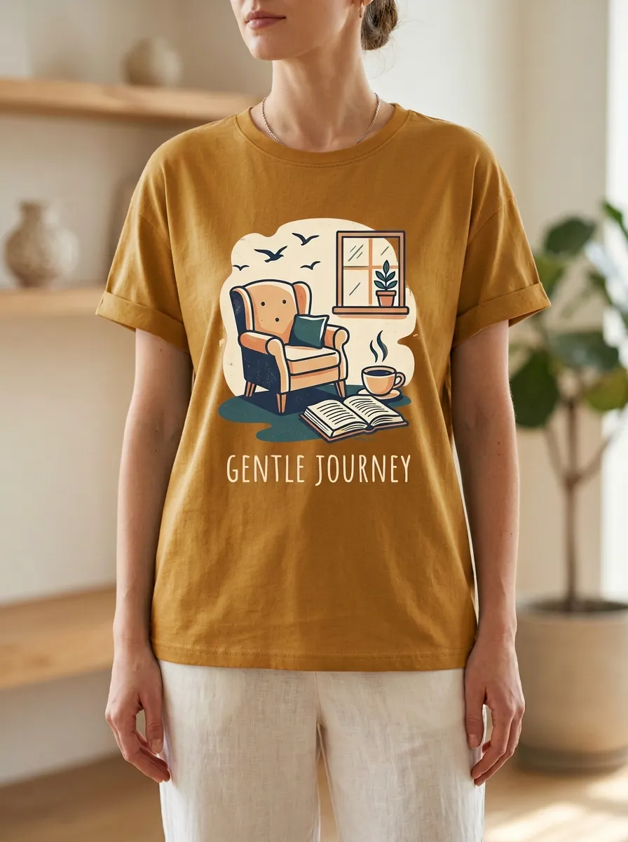 Women's Cozy Reading Nook Gentle Journey Print T-Shirt