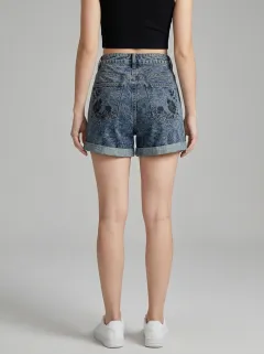 Women's Floral Pattern Acid Wash Printed Denim Shorts