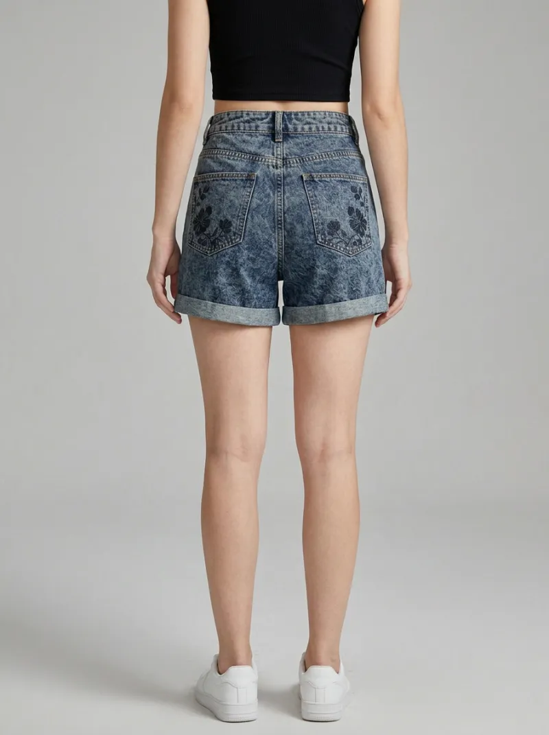 Women's Floral Pattern Acid Wash Printed Denim Shorts