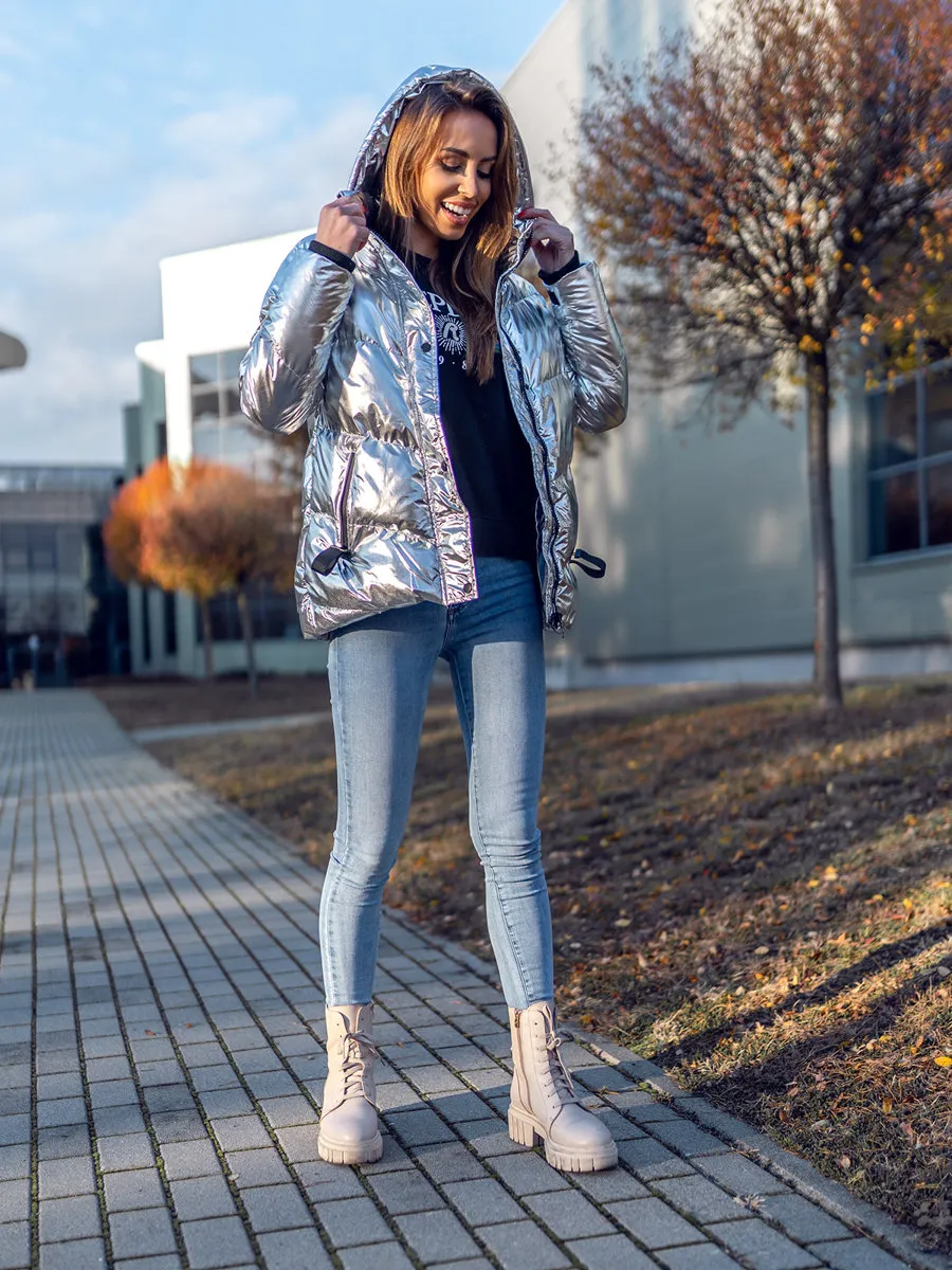 Women's Silver Quilted Winter Jacket With Hood