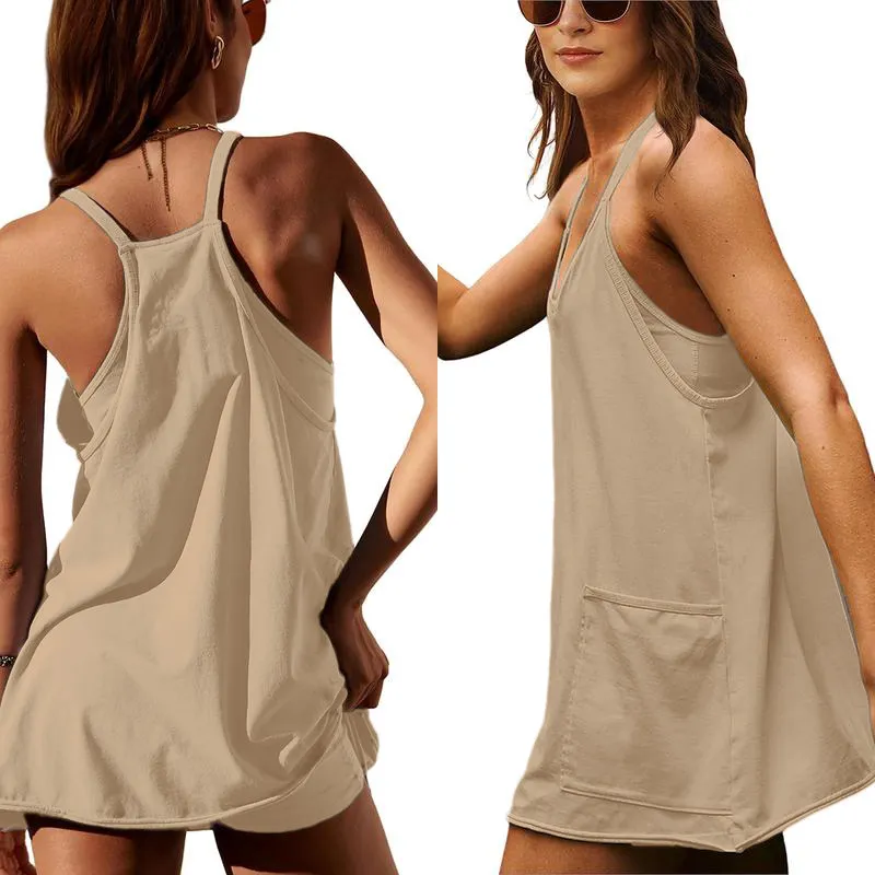 Women'S Womens Athletic Sleeveless Mini Dress With Built-In Shorts V Neck Spaghetti Strap Short Tennis Dress With Pockets