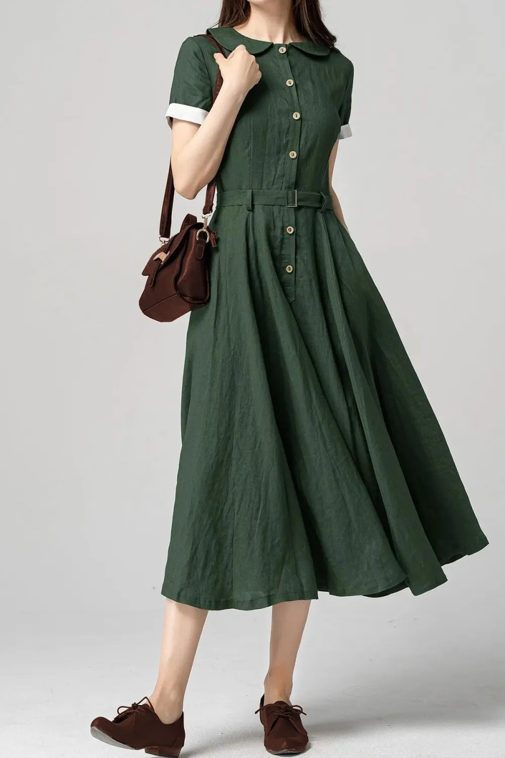 Linen Fit And Flare Shirt Short Sleeve Midi Dress