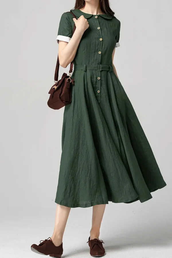 Linen Fit And Flare Shirt Short Sleeve Midi Dress