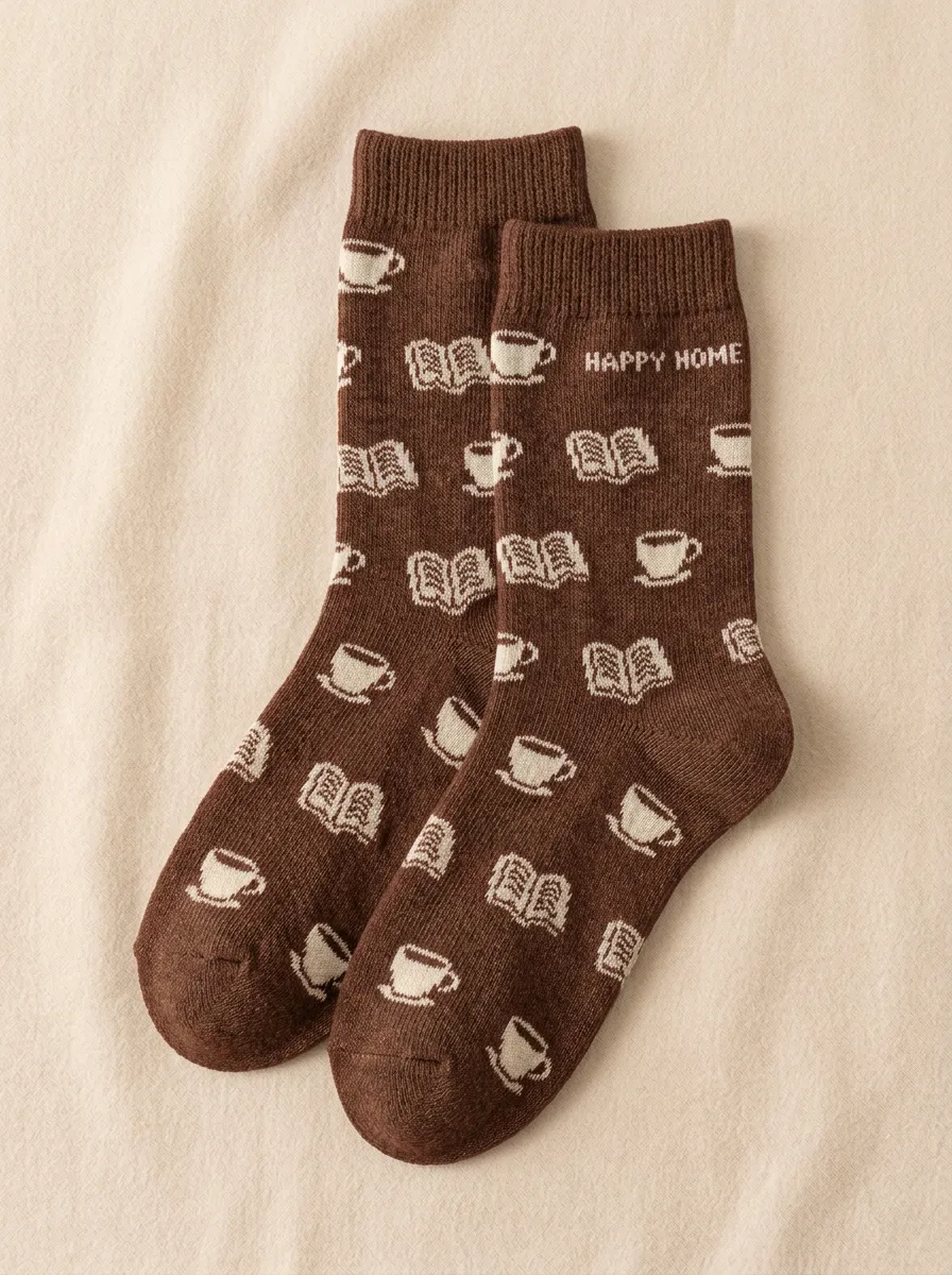 Clean-Line Coffee-Motif Book-Motif Casual Socks