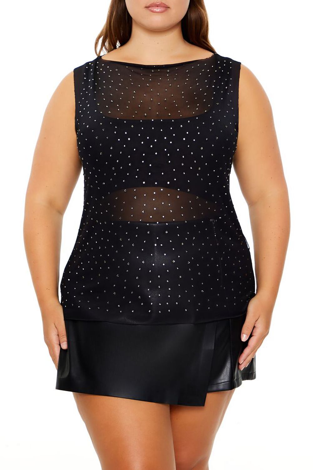 Plus Size Rhinestone Mesh Tank Top