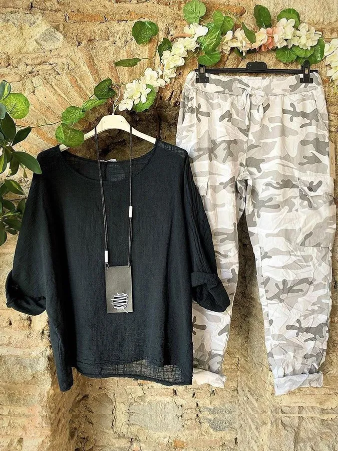 Women's Cotton Blend Black Top Camo Pants Two-Piece Set