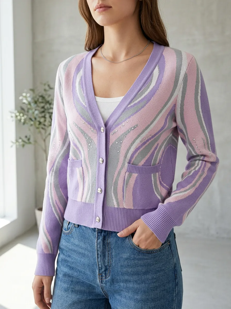 Women's Purple Abstract Wave Rhinestone Printed Cardigan