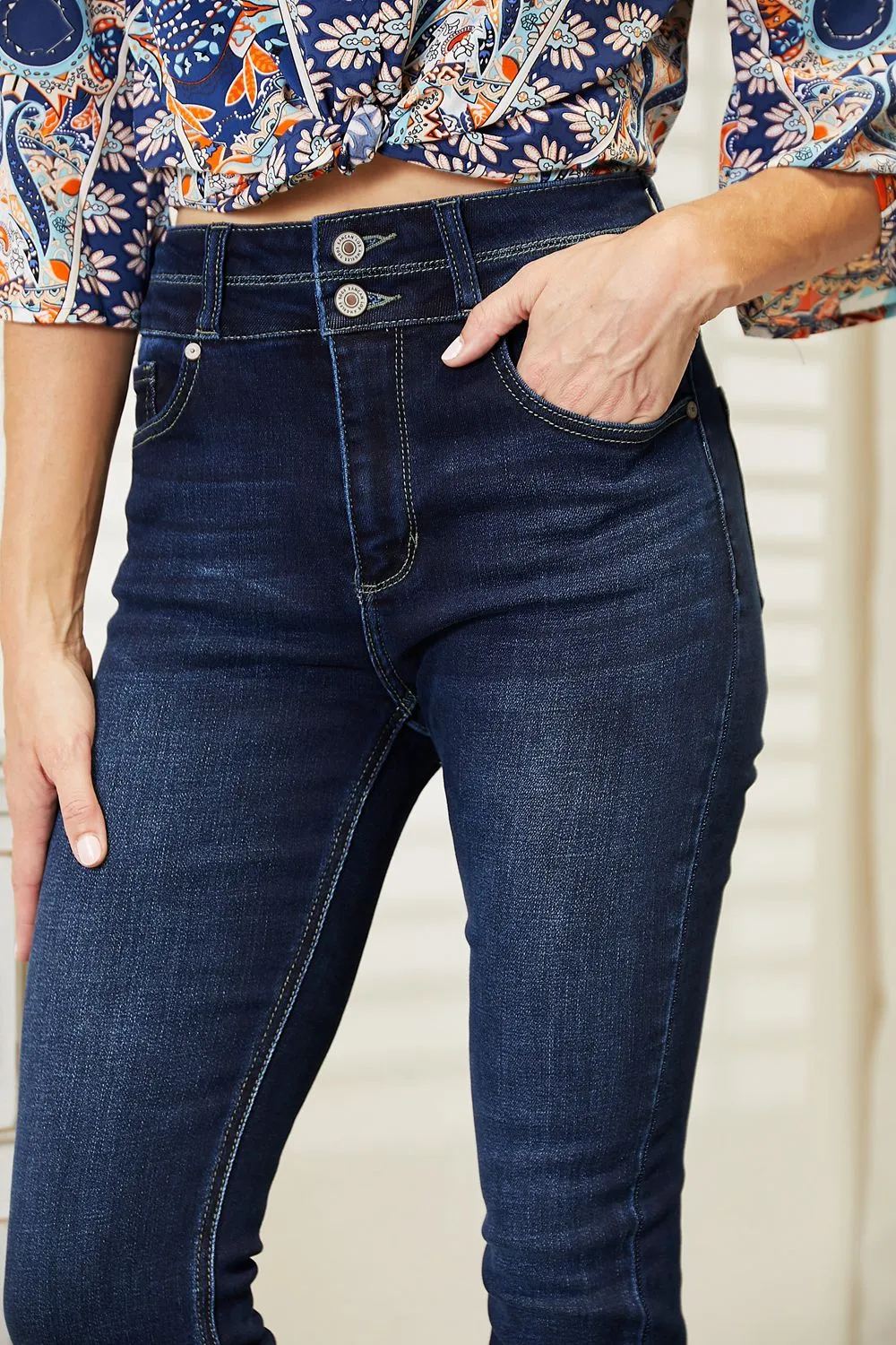 High Rise Round Neck Denim Jeans