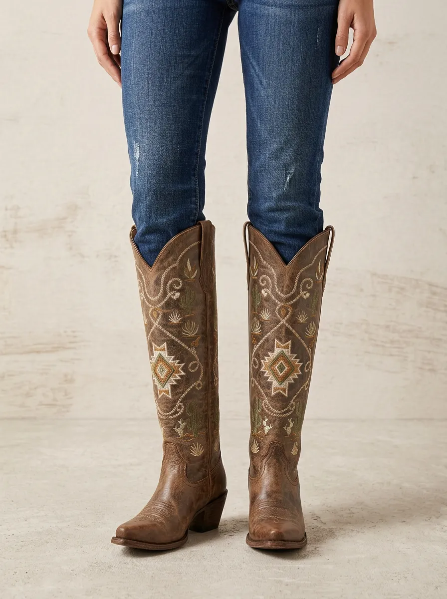 Women's Western Cactus Geometric Embroidered Pointed-Toe Block-Heel Stacked-Heel Denim Over-the-Knee Boots