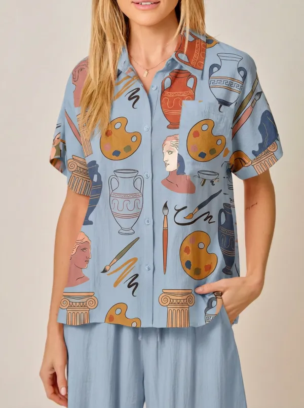 Women's Art Lover Greek Statue Vase Palette Printed Shirt