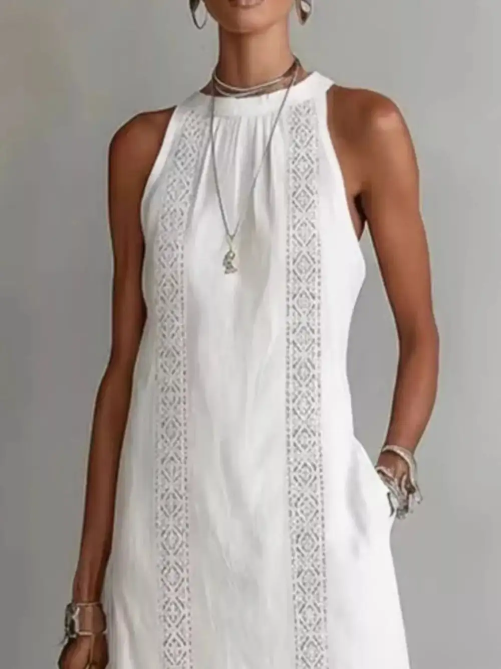Sleeveless Lace Trim Pocketed Midi Dress