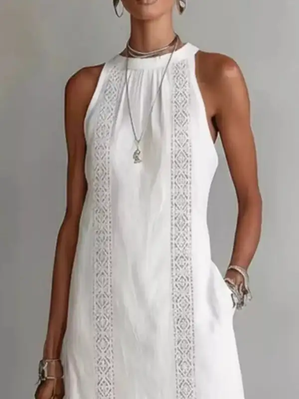 Sleeveless Lace Trim Pocketed Midi Dress
