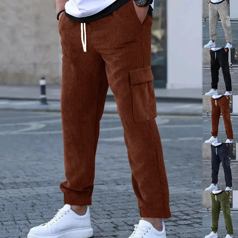Men's Corduroy Jogger-style Pants Waistband Cargo Pockets Leg Cargo Pants