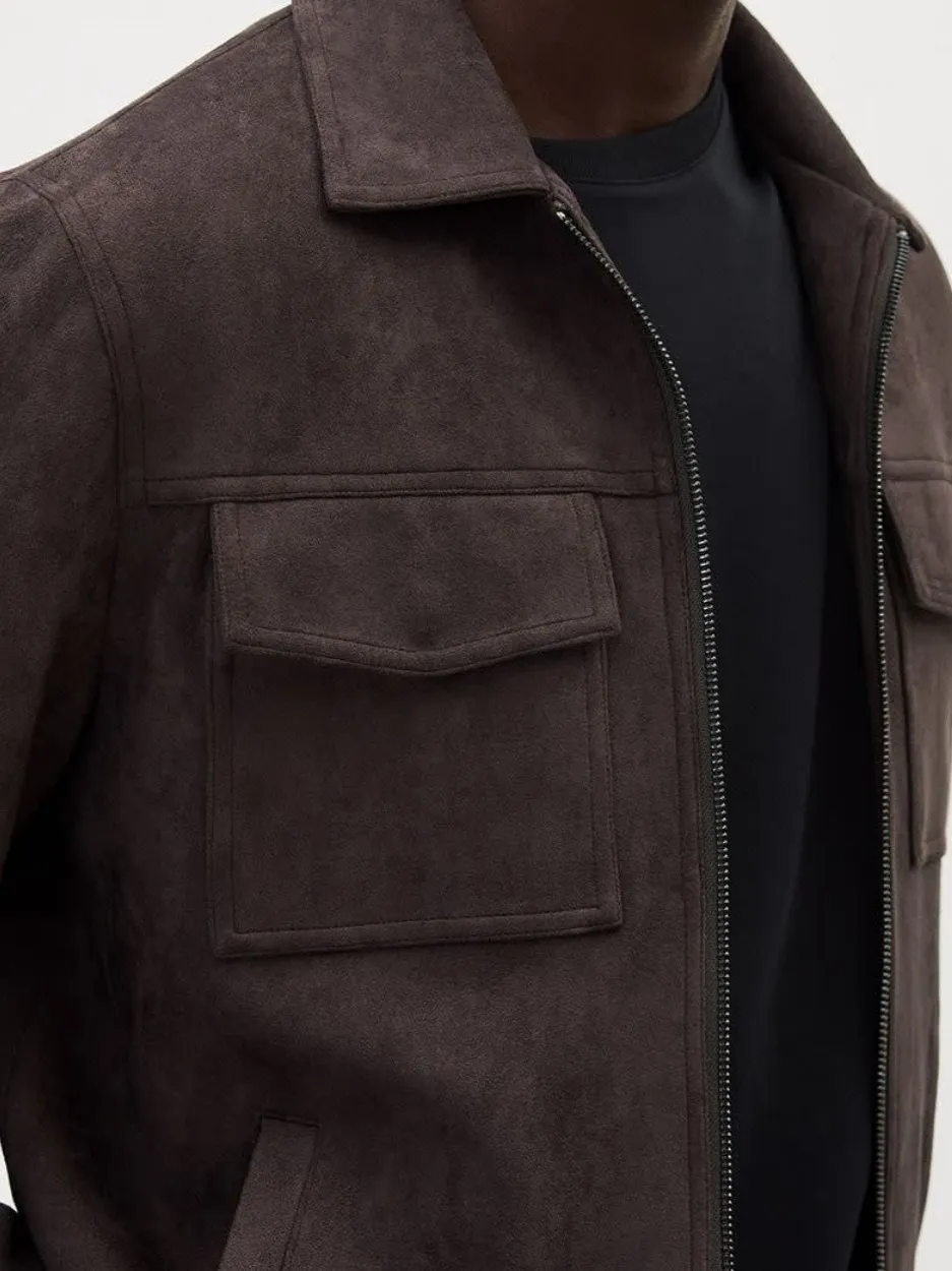Brown Faux Suede Jacket with Shirt Collar