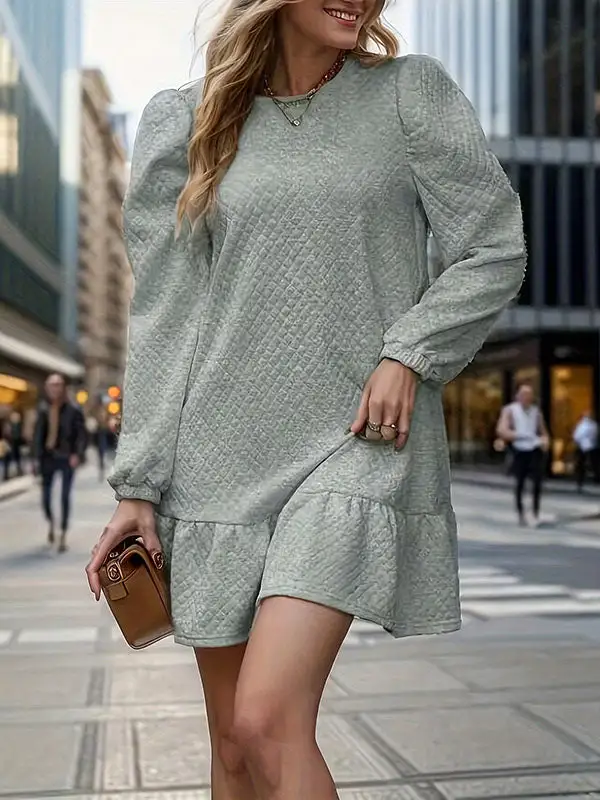 A Line Long Sleeve Jacquard Pleated Solid Color Split Joint Round