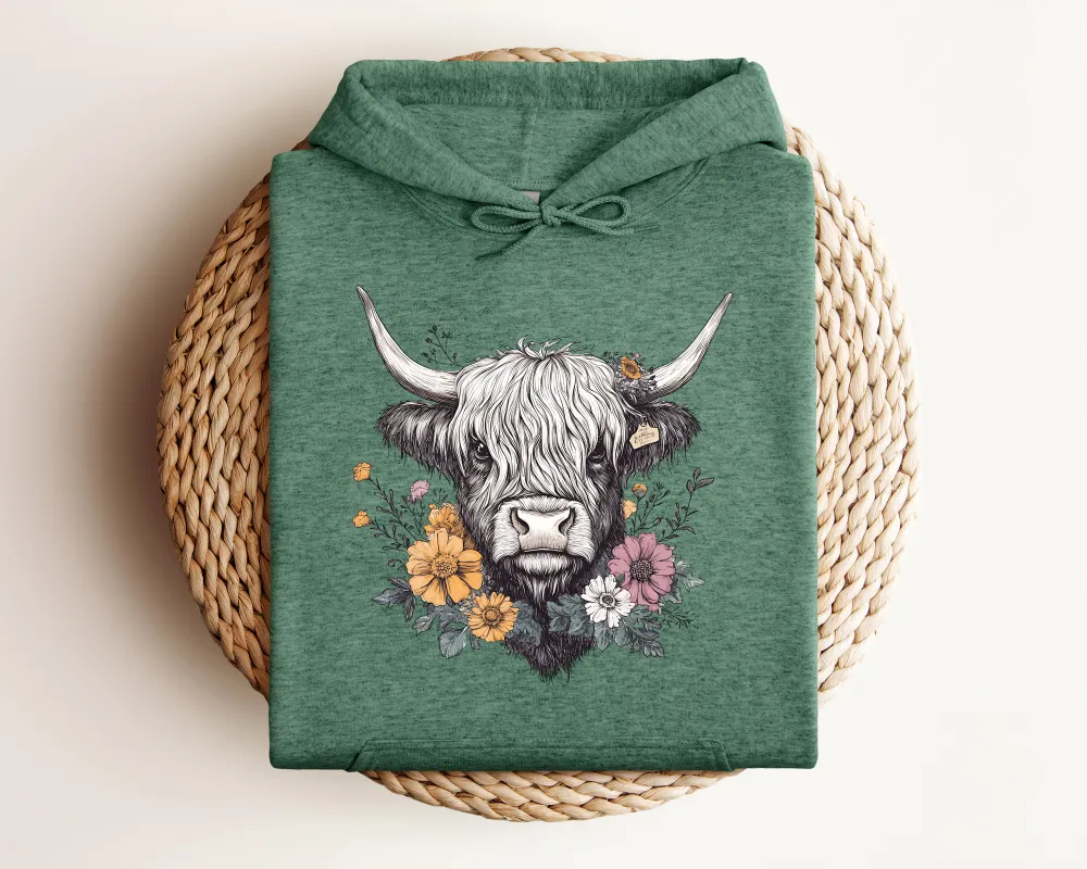 Highland Cow Floral Graphic Pullover Hoodie