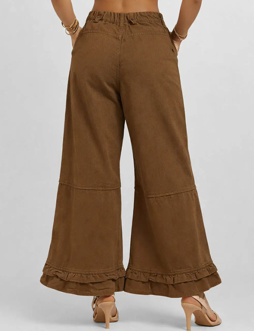 Ruffle Hem Jeans Elastic Waist Wide Leg Denim Pants