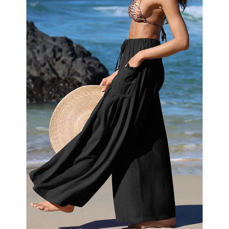 Women Linen Palazzo Pants Loose Fit Boho Wide Leg Summer Lounge Trousers Plus Size Drawstring Waist Casual Beach Travel Vacation Outfits woman wide leg pant