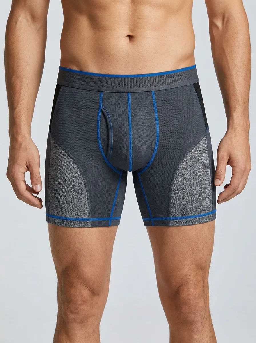 Men's Athletic Performance Blue Stitched Mesh Printed Boxer Briefs