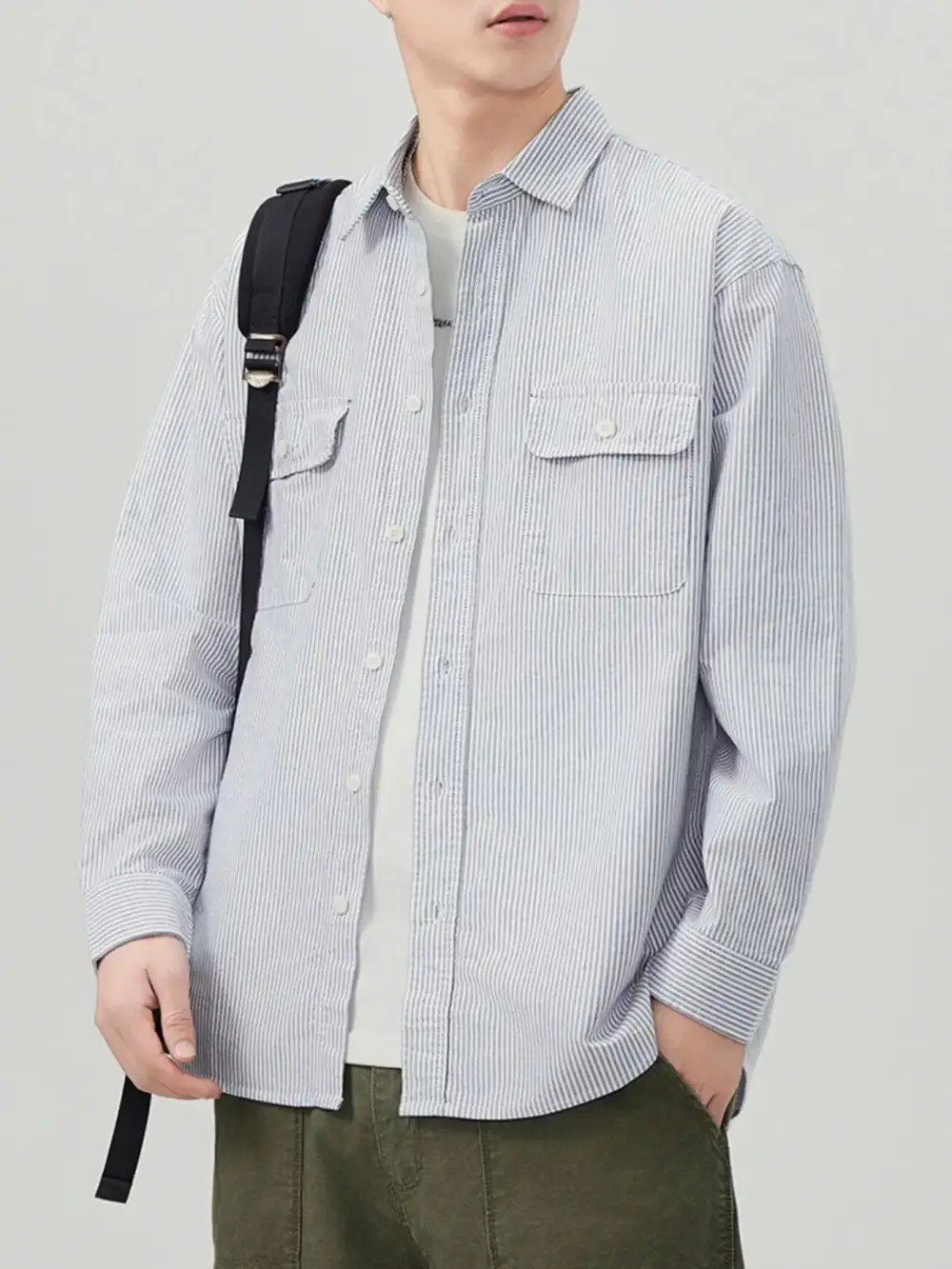 Tailored Long-Sleeve Striped Button-Up Shirt