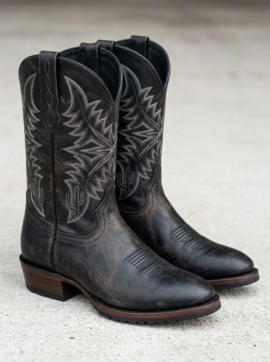 Men's Western Cowboy Cactus Embroidered Distressed Leather Boots