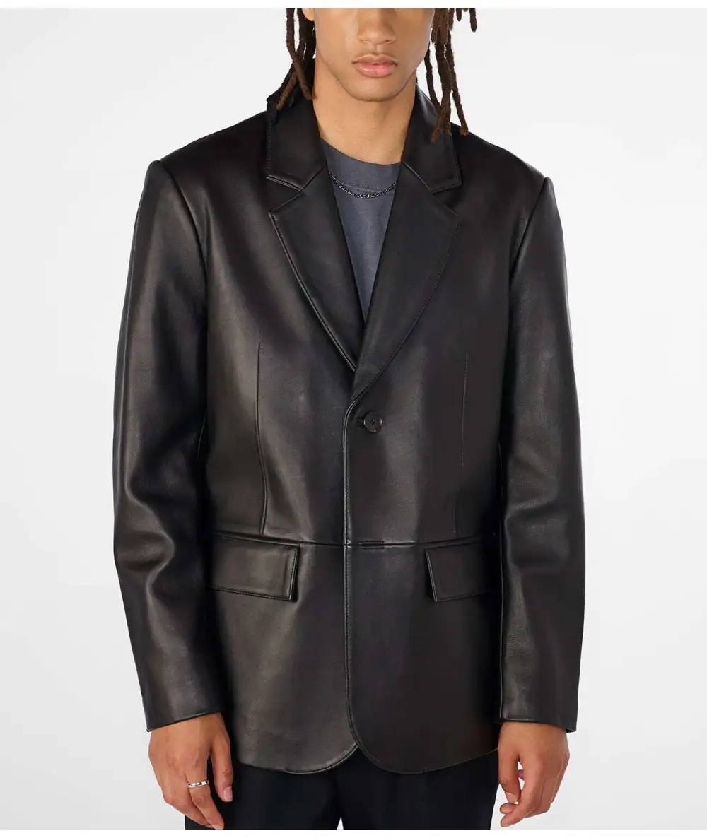 Casual Structured Notched Lapel Leather Blazer