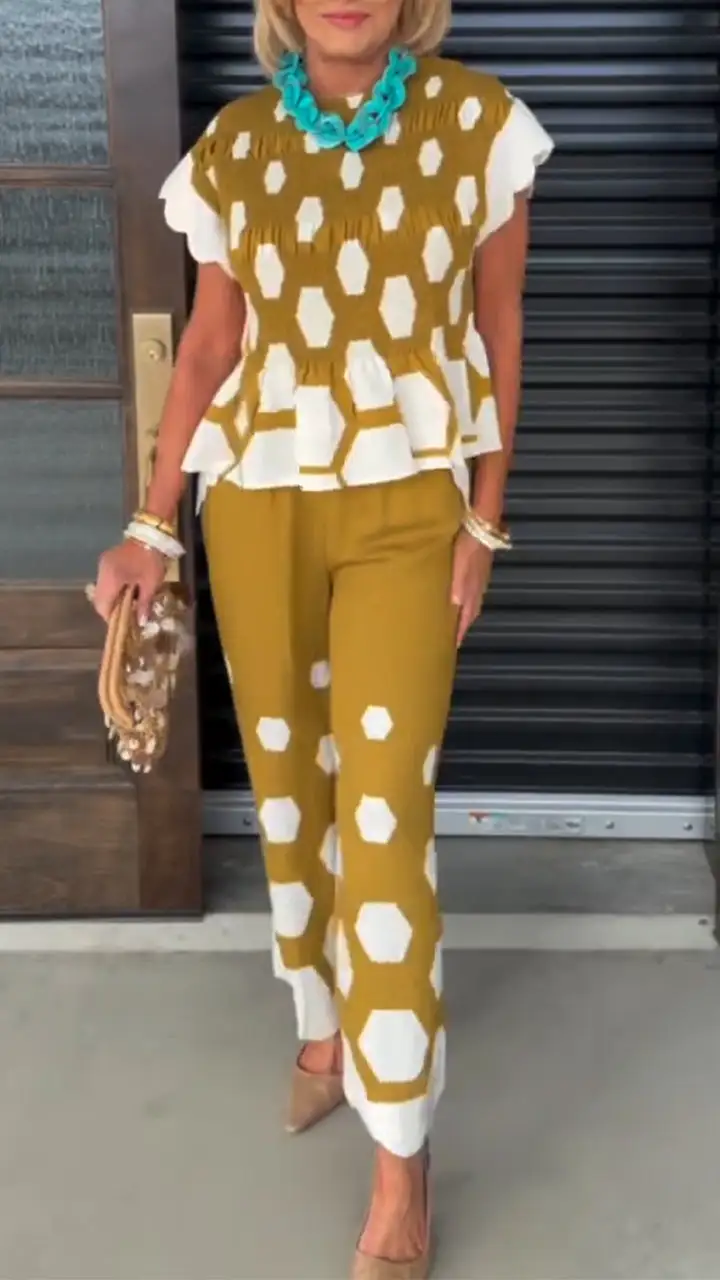 women round-neck print casual set