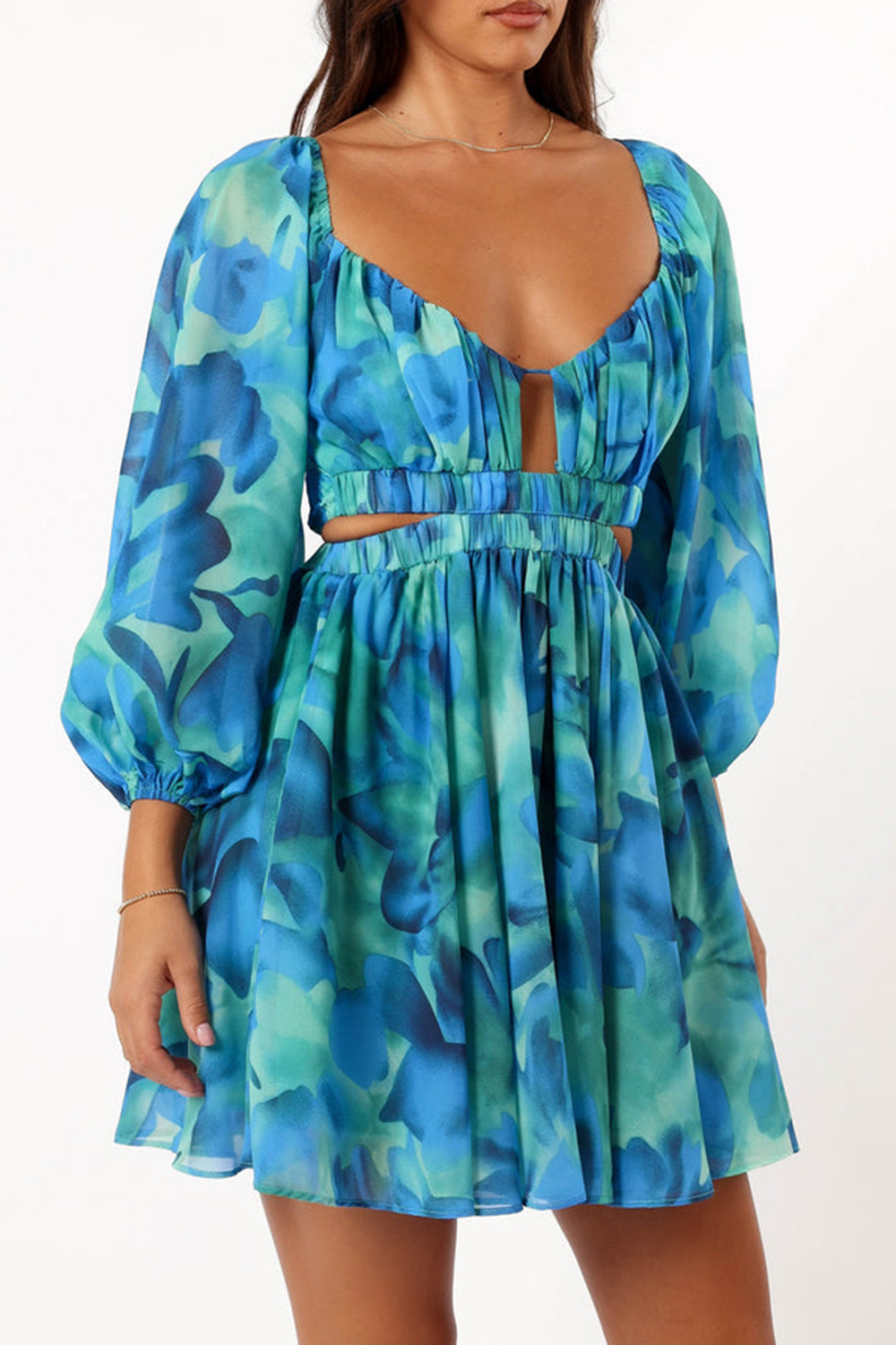 BLUE FLORAL LONG SLEEVE MINI DRESS