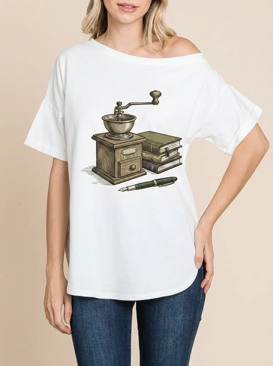 Women's Coffee Vintage Grinder Books Pen Graphic Off-Shoulder T-Shirt