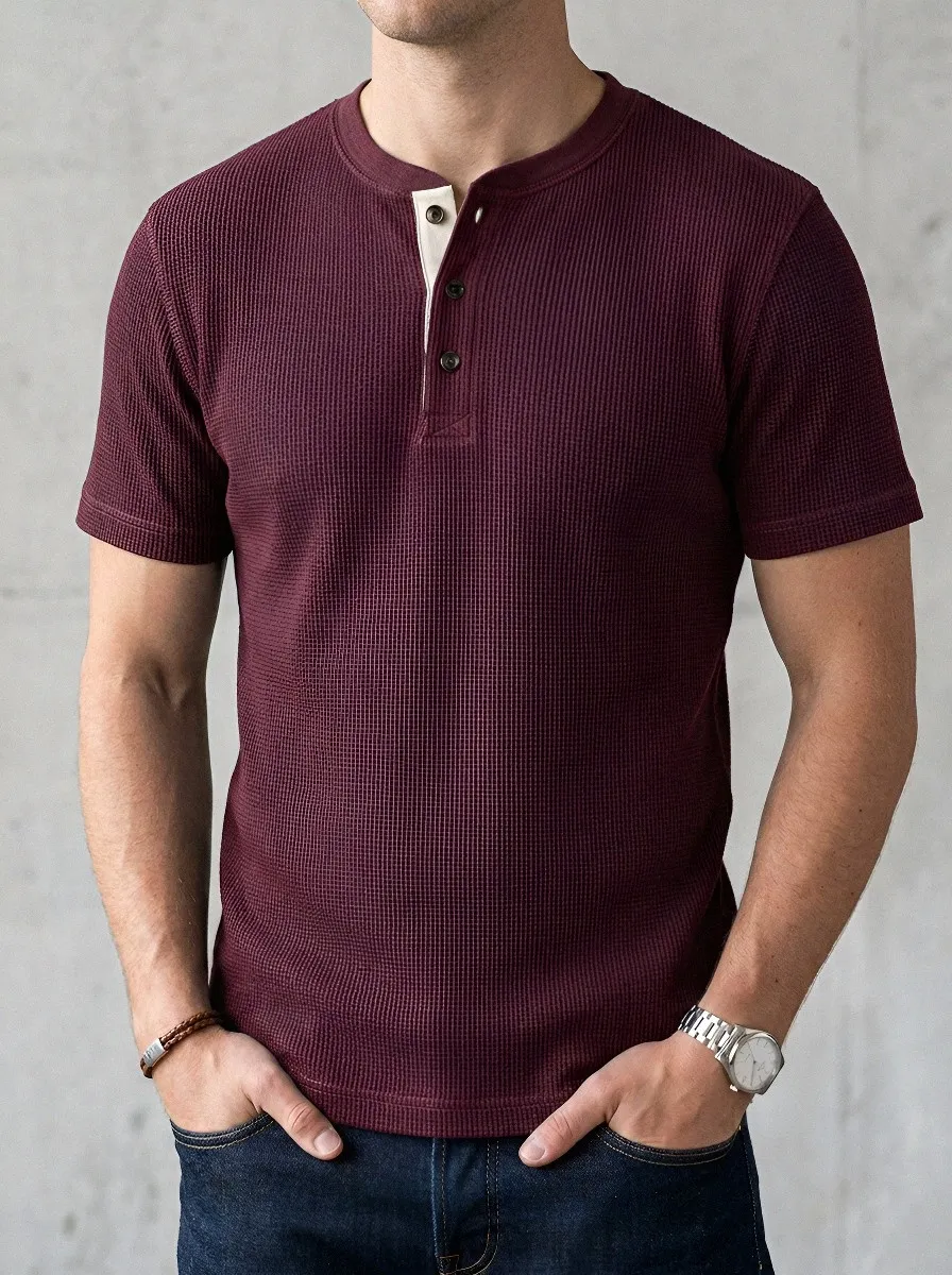 Waffle-Knit Ribbed Textured Men's Short-Sleeve Henley Shirt