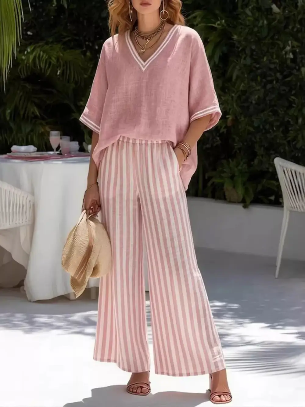 Full Size Striped V-neck Top and Wide Leg Pants Set Plus Size