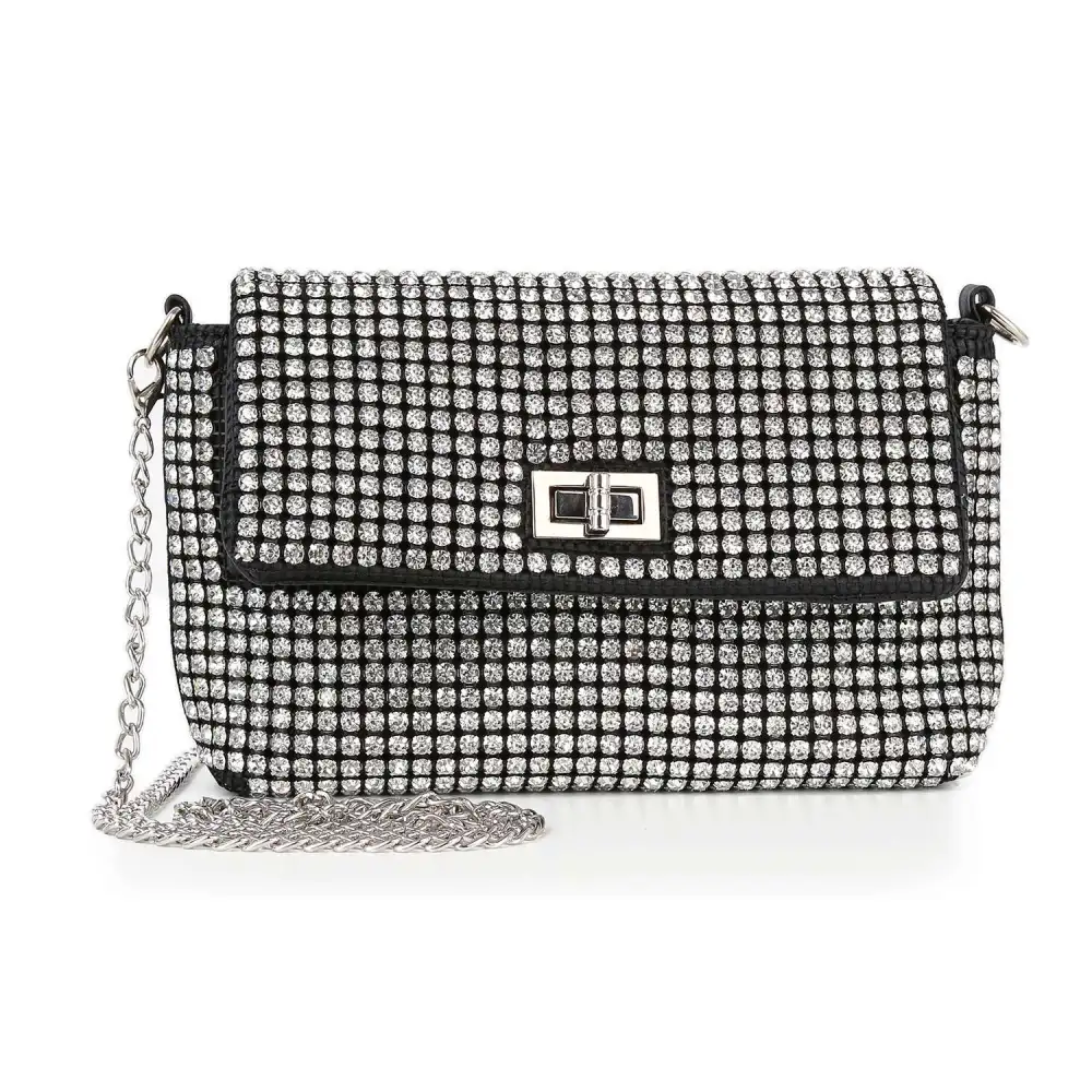 Relaxed Detail Crystal Accent Chain Accent Flap Front Faux Leather Clutch Bag