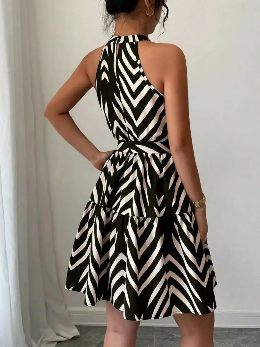 Printed Tie Waist Ruffle Dress Casual