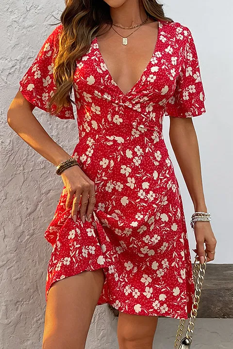 Floral Print V Neck Mini Dress