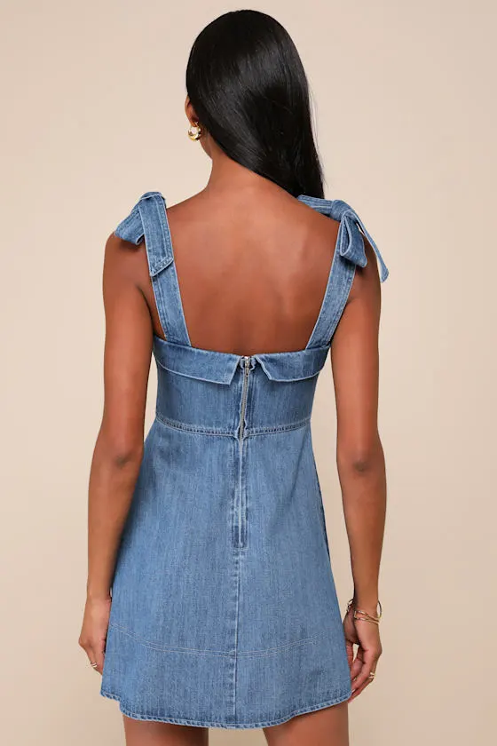 Precisely Sweet Medium Wash Tie-Strap Denim Mini Dress