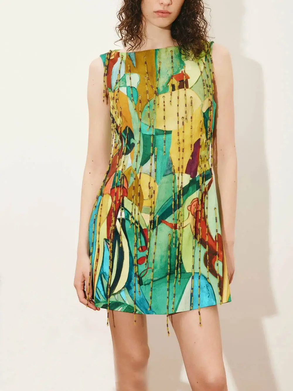 Printed Straight Neck Fringe Exquisite Mini Dress