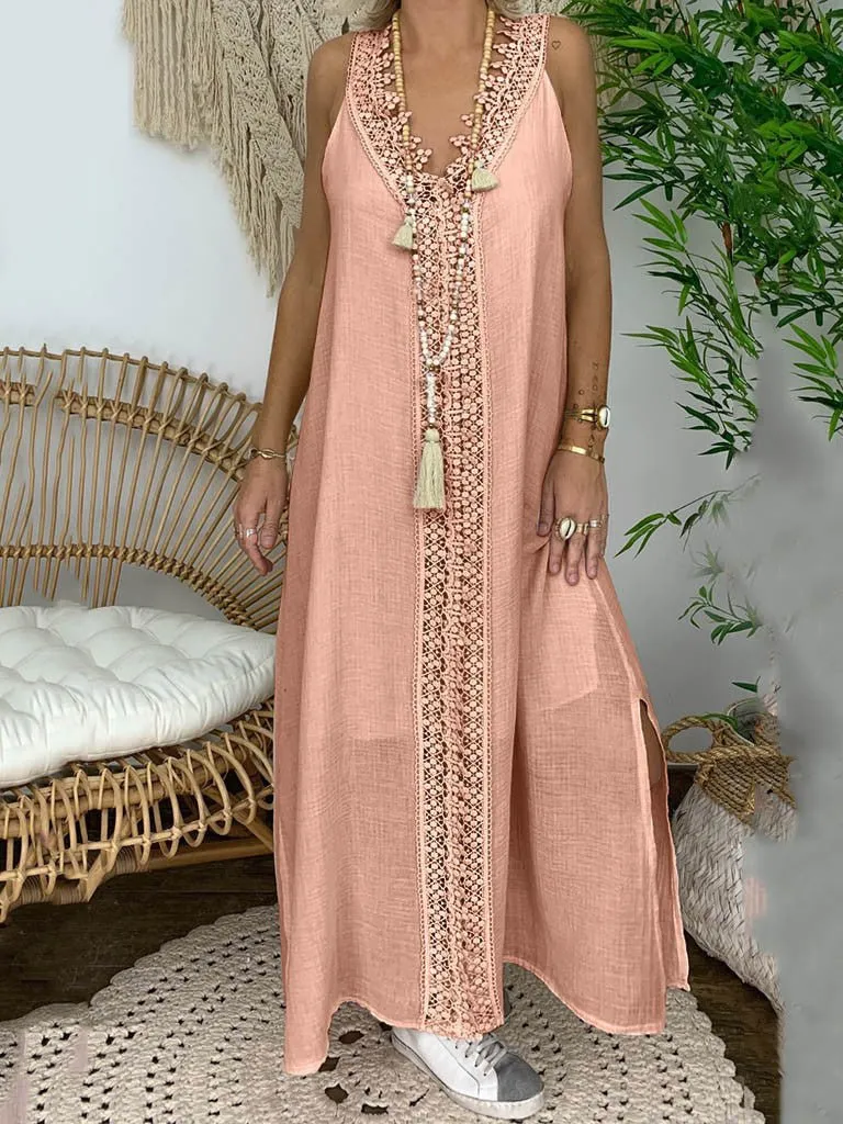 Women's Dresses Casual V-Neck Lace Panel Sleeveless Dress
