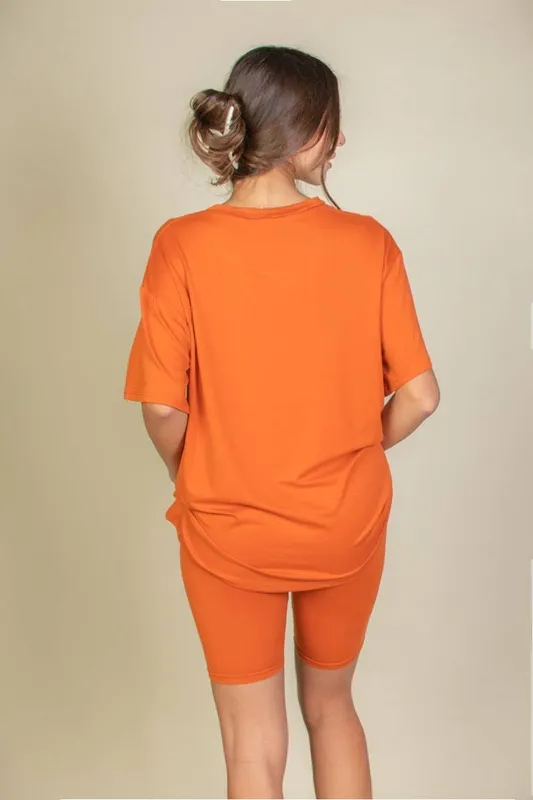Orange Loose Fit Top and Bike Shorts Set