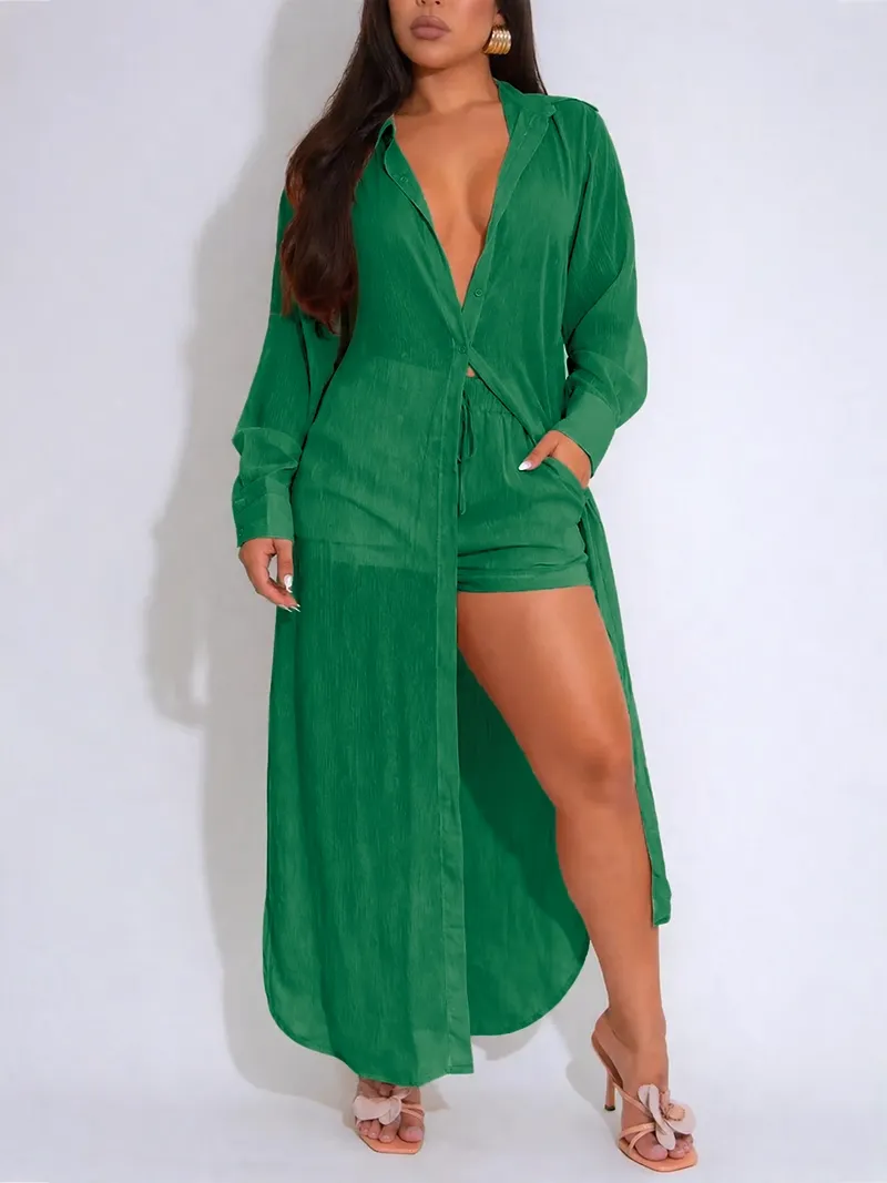 Women's Solid Color Button Front Shirt & Shorts Two-Piece Set