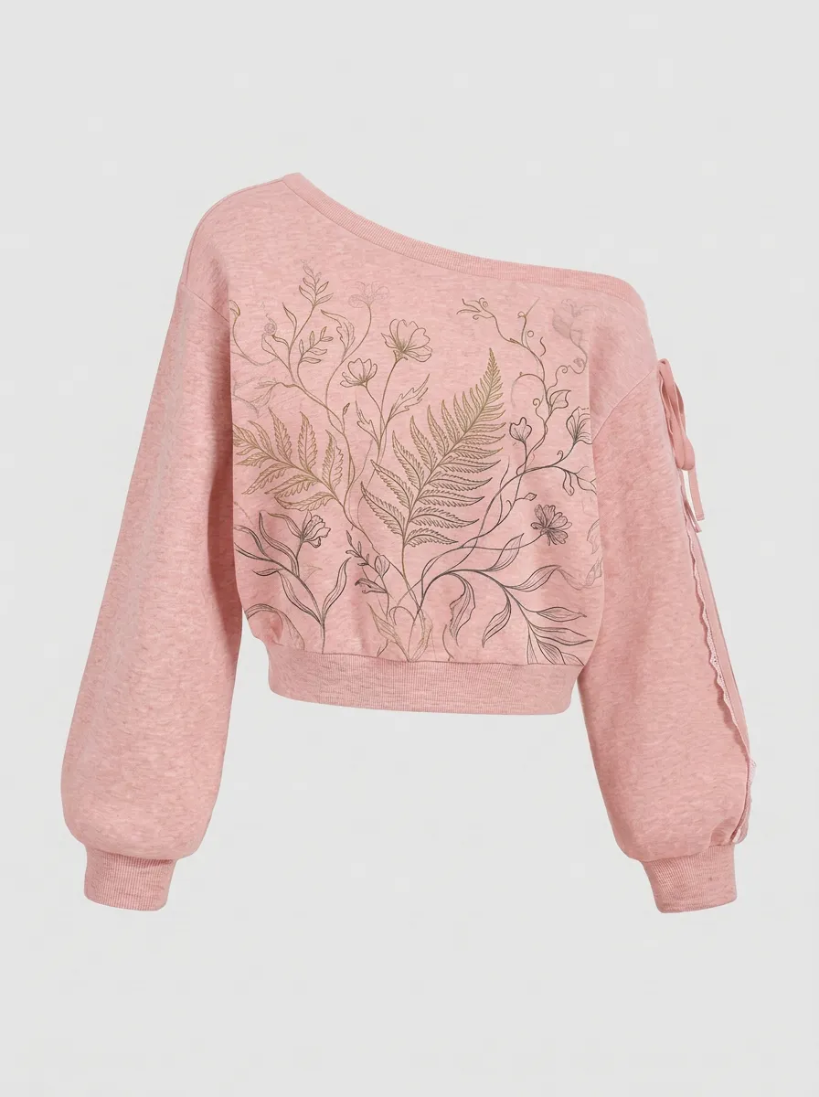Women's Botanical Nature Lover Fern Floral Printed One-Shoulder Sweatshirt