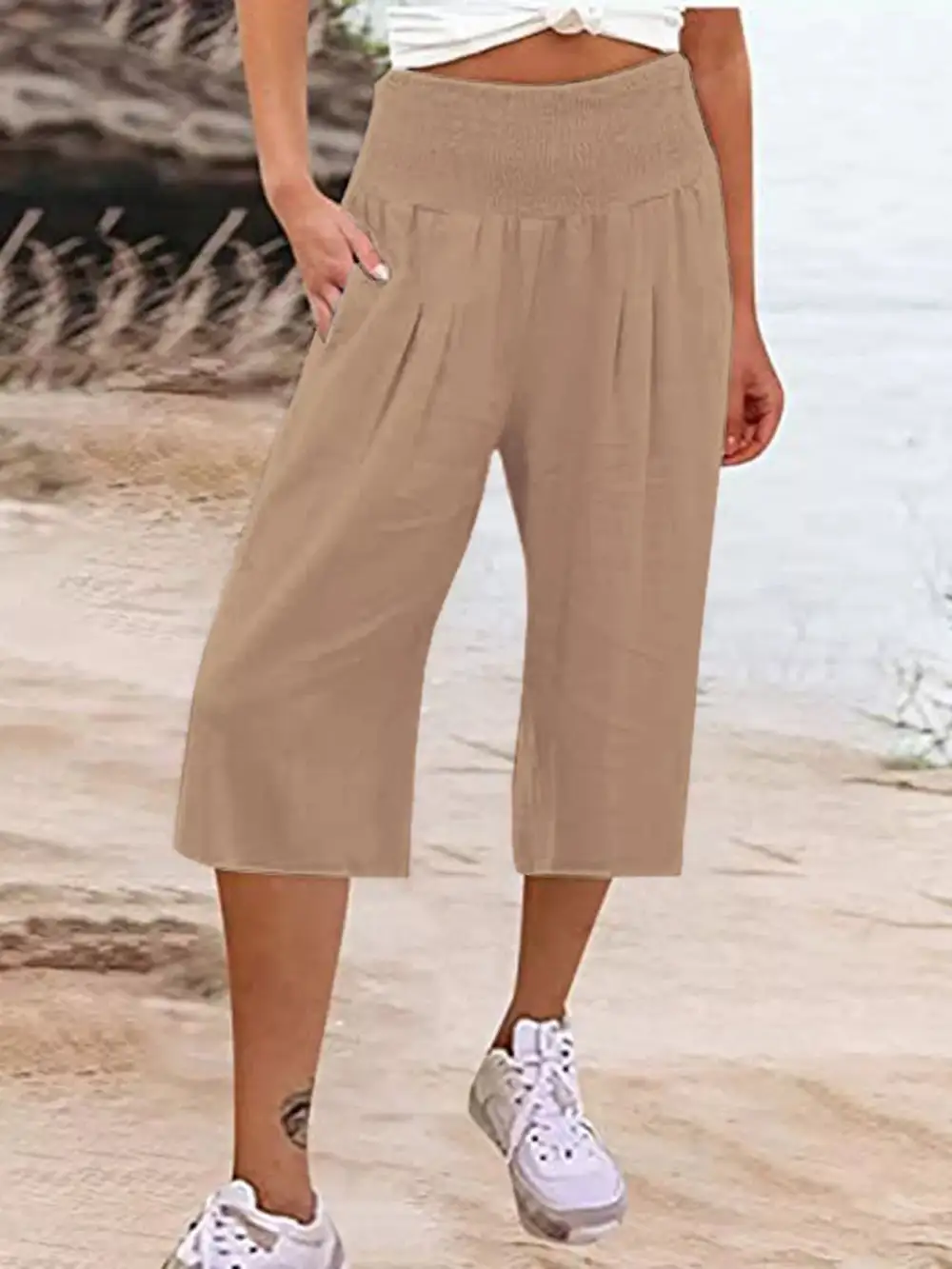 Smocked Wide Leg Capri Pants
