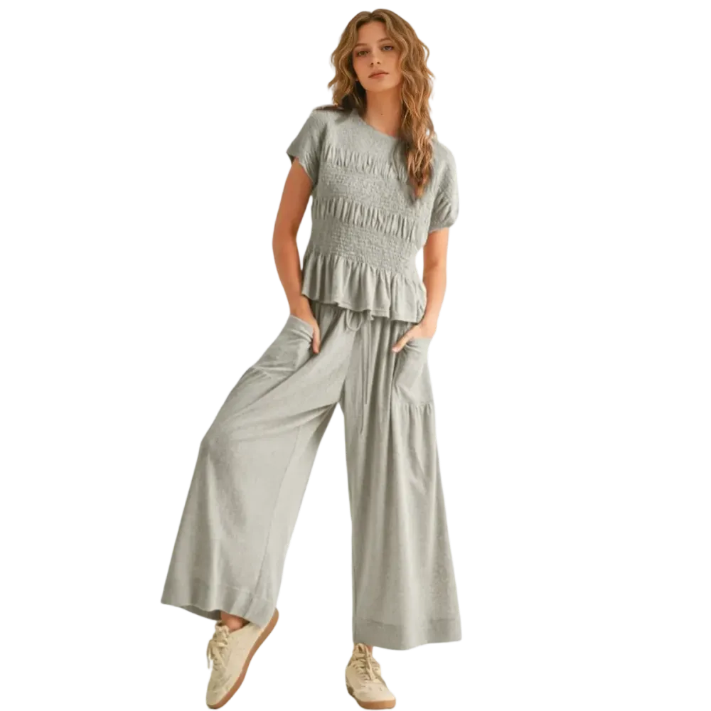 Women's Boho Chic Pleated Top & Wide-Leg Set