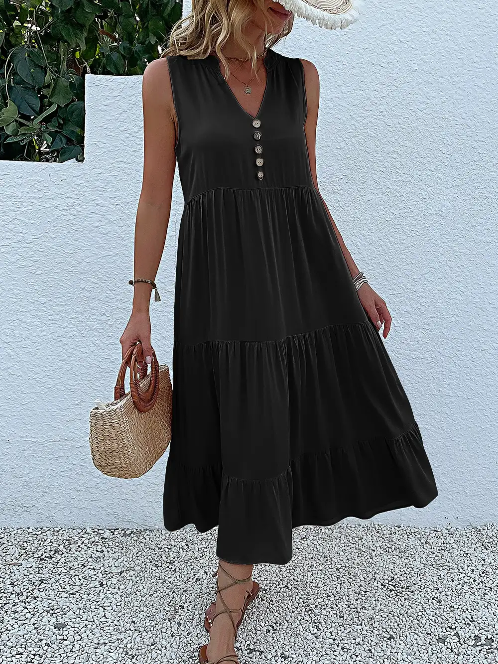 Notch-Neck Buttoned Sleeveless Tiered Midi Dress