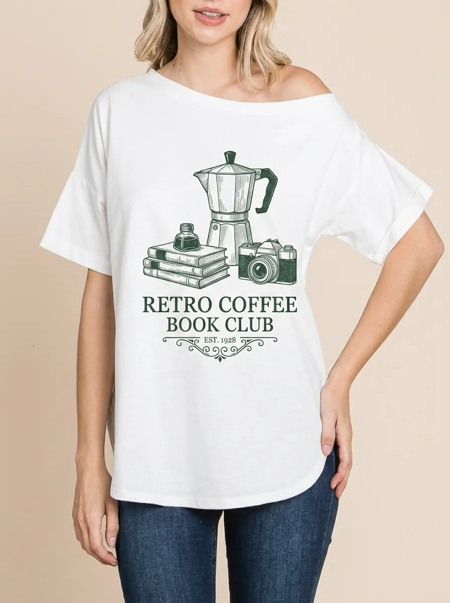 Women's Book Coffee Camera Retro Graphic Off-Shoulder T-Shirt