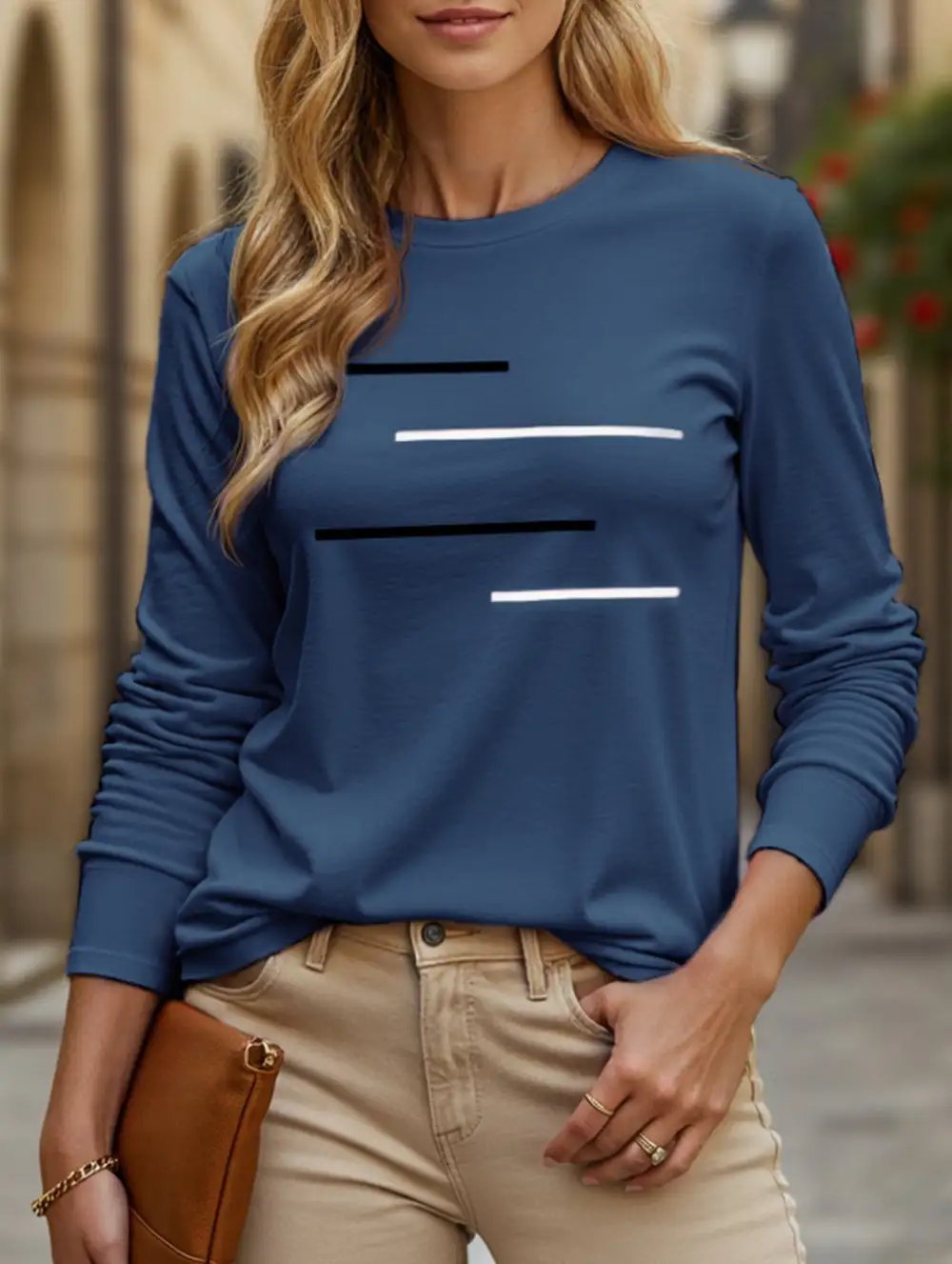 Round Neck Long-Sleeved Printed Tee