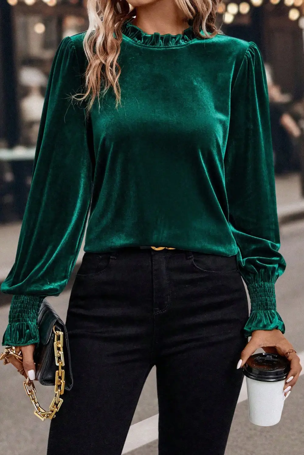 Velvet Frilled Puff Sleeve Blouse