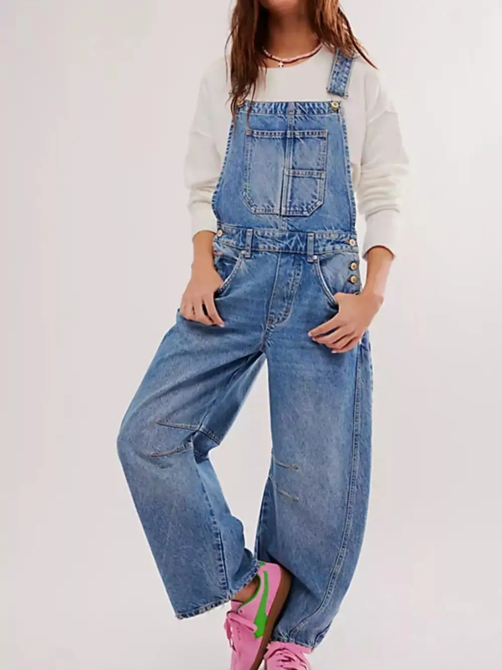 Wide Strap Wide Leg Denim Overalls Full-Length Bib Overalls