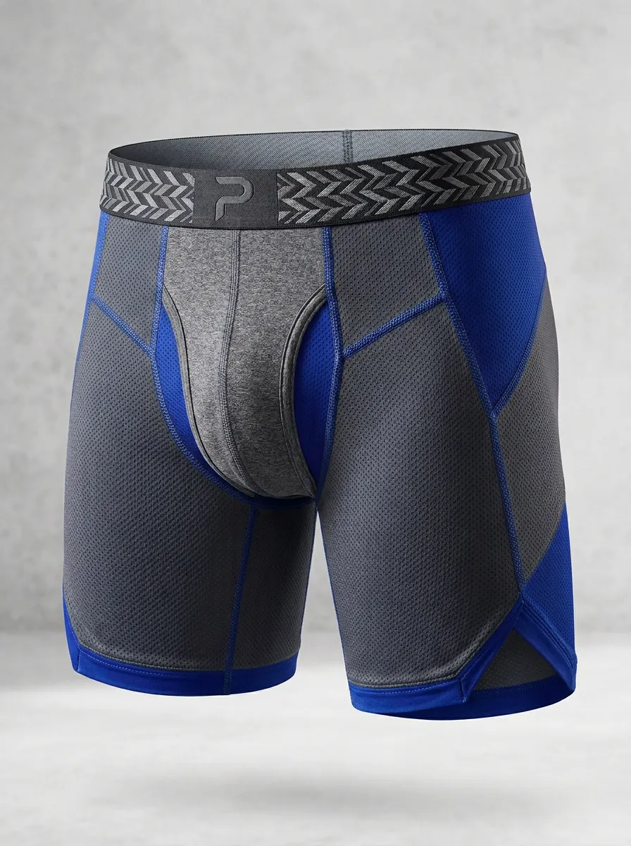 Men's Athletic Blue Grey Mesh Printed Boxer Briefs
