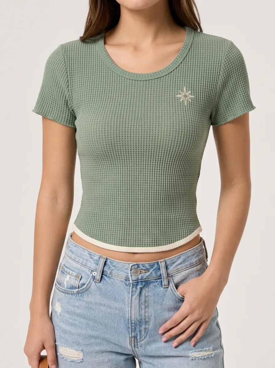 Women's North Star Embroidered Waffle Knit Printed Top