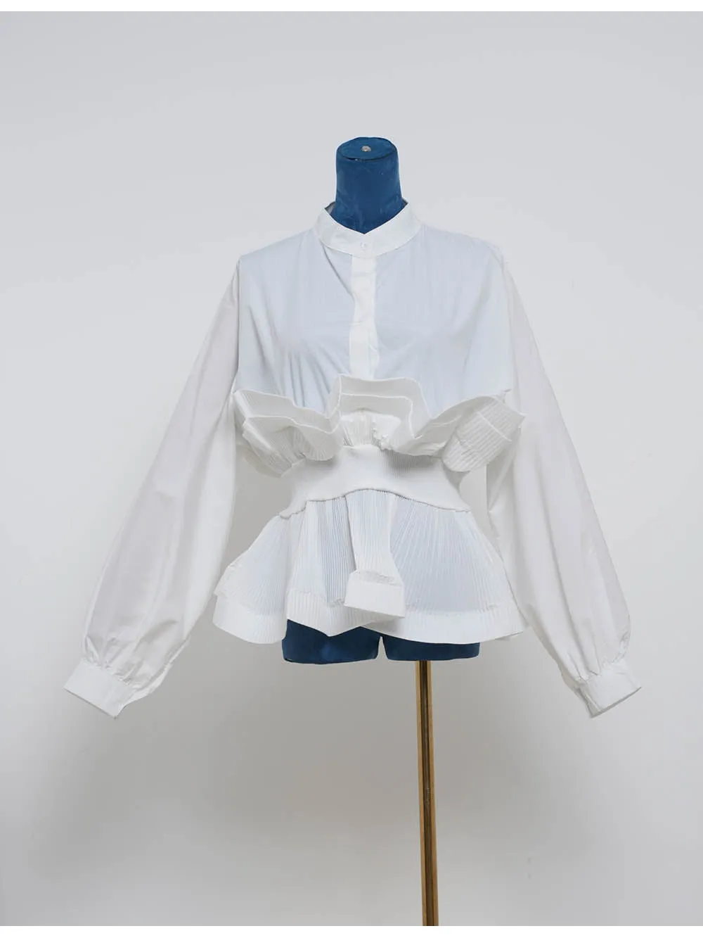 Chic Ruffle Pleated Lantern Sleeves Button Front Blouse